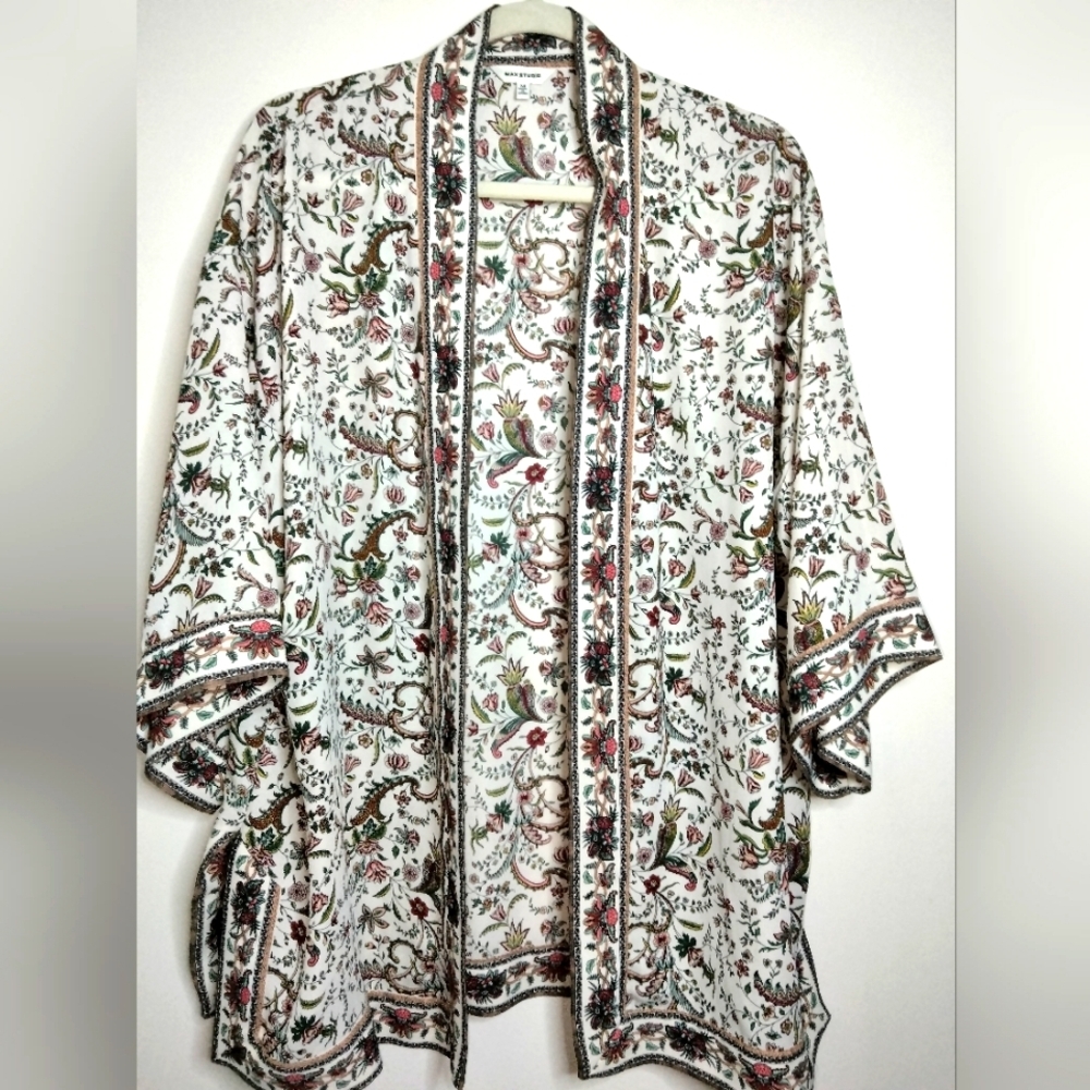 Max Studio (Size M) Multicolored Floral Print Kimono Sleeve Open Tunic Cardigan